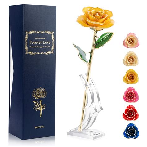 Ejoyous 24k Gold Dipped Real Rose Wrose Stand Forever Blooming Yellow