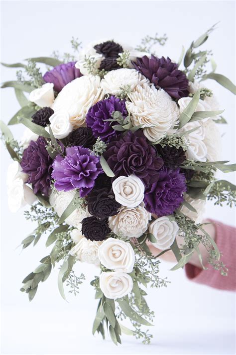 Purple Ivory And Black Teardrop Bridal Bouquet Mini Cascading
