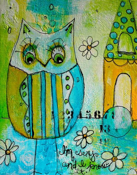 Whimsical Owl Acrylic Painting In Aqua And Yellow By Jodi Ohl