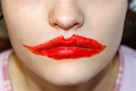 Painted Red Clown Lips On The Face Stock Photo Image Of Closeup