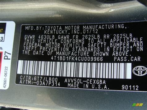 2012 Toyota Camry Paint Code Location Painting
