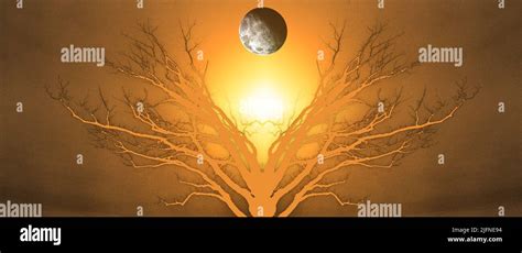 Mystic Tree Of Life Moon In The Sky Sunset Or Sunrise 3d Rendering