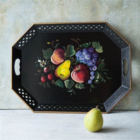 Large Black Metal Tole Hand Painted Tray By Roostersnestvintage Kitchen