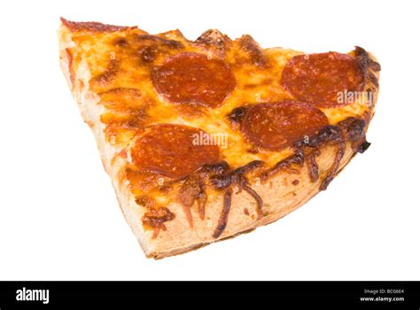 A Single Slice Of Cheesy Pepperoni Pizza Isolated On White Stock Photo