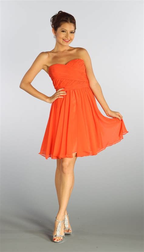 Strapless Chiffon Short Orange Bridesmaid Dress Knee Length Sparkly