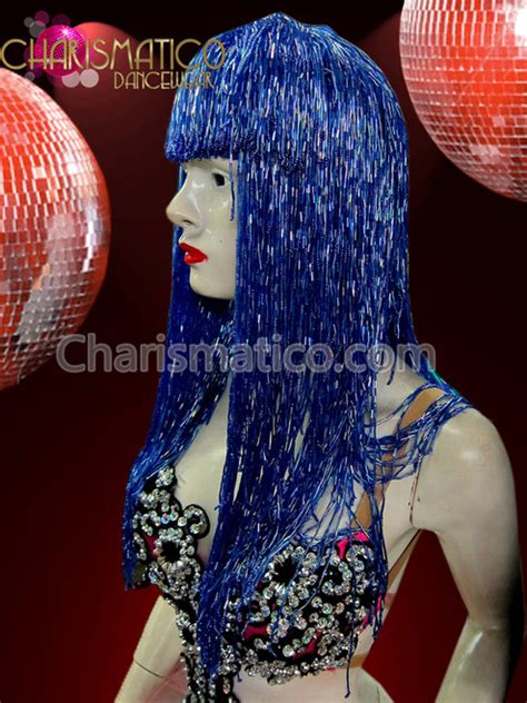 classic cher inspired royal blue iridescent seed beaded long wig