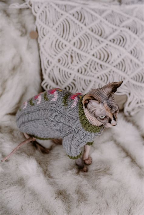 Gray Cable Knit Cat Sweater Sphynx Cat Jumper With Tulips Etsy