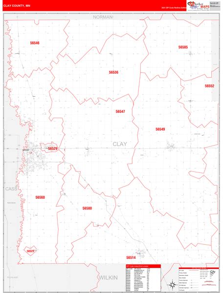 Clay County Mn Zip Code Wall Map Red Line Style By Marketmaps