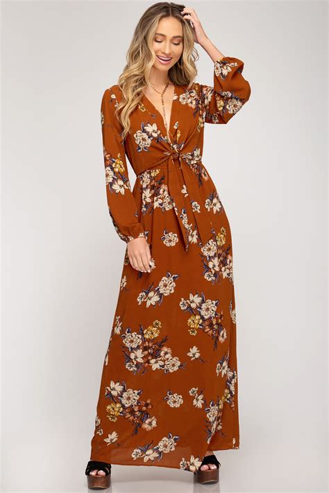 rust floral long sleeve maxi dress 6th street fashions and footwear located in concordia kansas
