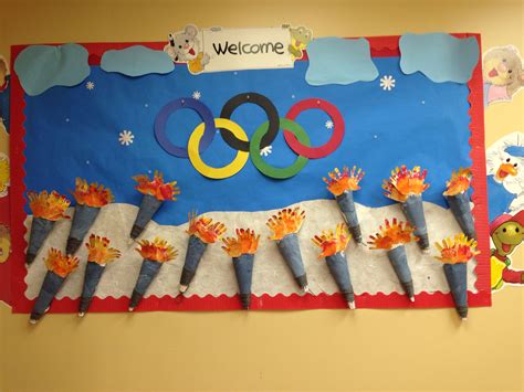 Olympic bulletin board | Olympic bulletin board, Olympic crafts, Olympic theme classroom