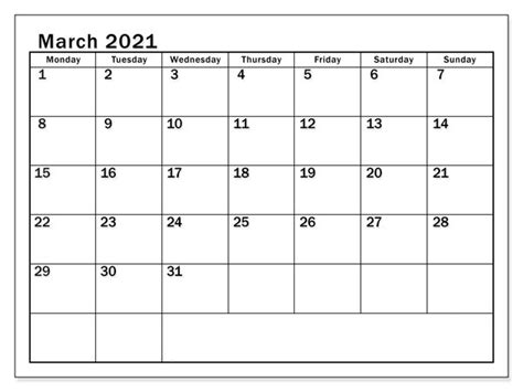 March 2021 Calendar Template Word Pdf Printable Blank Calendar Template