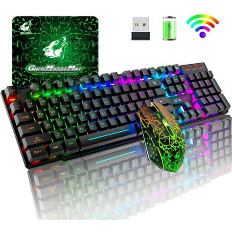 Wireless Gaming Keyboard And Mouse Combo With Mouse Pad Rainbow Led
