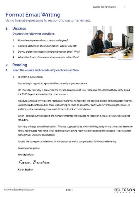 Formal Email Writing Esl Lesson Handouts