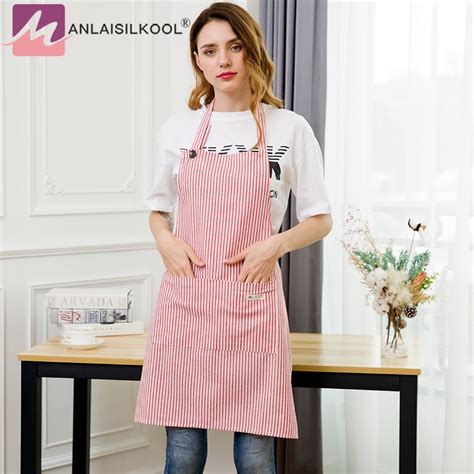 Red Stripe Cotton And Linen Blending Aprons For Woman Japanese Style