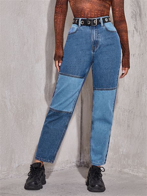 high waist color block jeans without belt