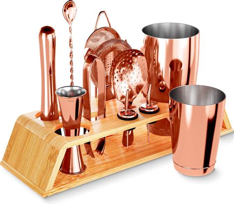12 Piece Rose Gold Cocktail Shaker Set With Bamboo Stand Weighted 18 And 28oz Boston Shakers And