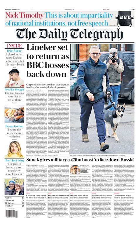 Daily Telegraph Front Page 13th Of March 2023 Tomorrows Papers Today