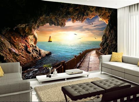 Custom 3d Wallpaper Seascape Sunset Beautiful Scenic Cave