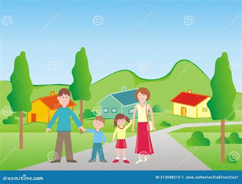 Four People Front Village Eps Stock Vector Illustration Of Hill