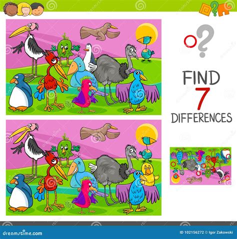 Spot Differences Game With Birds Characters Stock Vector Illustration