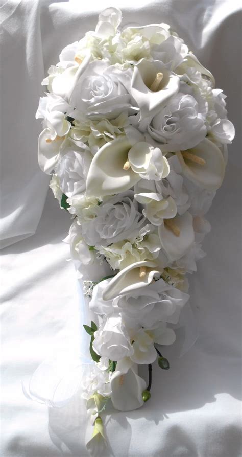 Silk Cascade Bridal Bouquet Made Of Callas Roses Orchids And