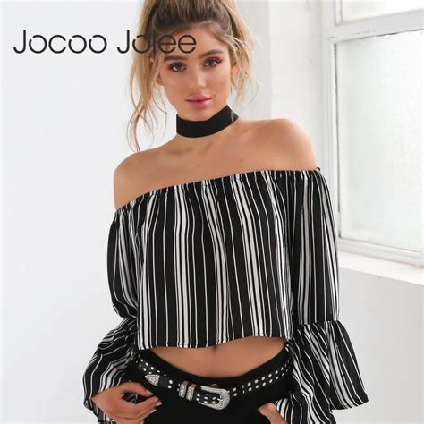 Jocoo Jolee Casual Striped Women Blouse With Flare Sleeves Design Sexy