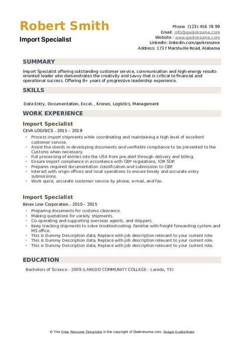 Import export specialist resume / 1. Import Specialist Resume Samples | QwikResume