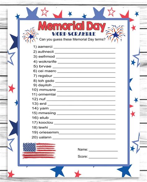 Memorial Day Word Scramble Game Printable Kids Activity Sheet Instant