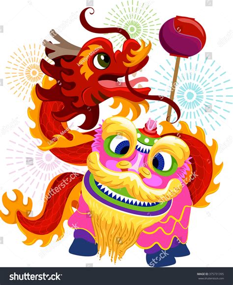 Illustration Lion Dragon Dance Costumes Chinese Stock Vector 375731395