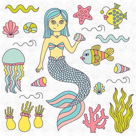 Vector Ocean Doodles Mermaid Fish Sea Ocean Doodles Vector Set