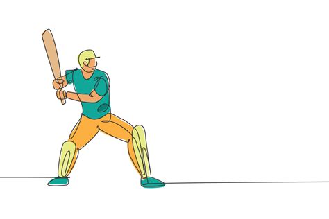 One Single Line Drawing Young Energetic Man Cricket Player Stance