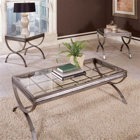 Metal base with black powdercoat finish. Emerson 3 Piece Coffee Table Set - Glass, Metal, Brushed ...