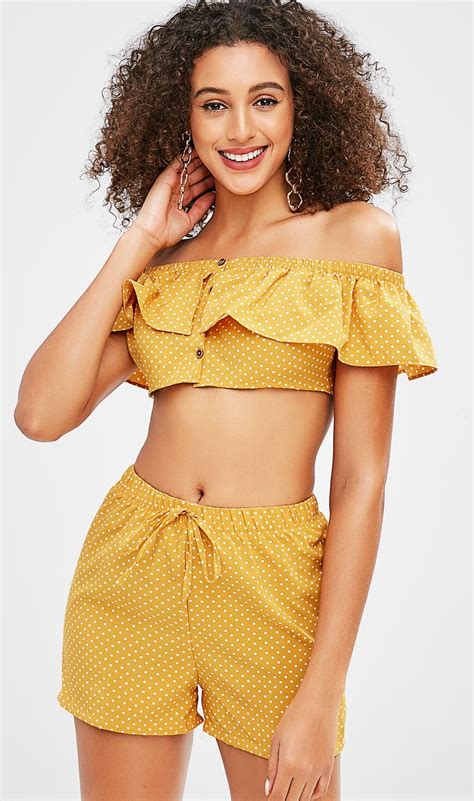 Polka Dot Crop Top And Shorts Two Piece Set In Mustard Crop Top