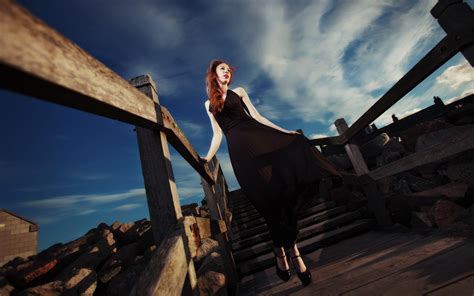 X Resolution Woman Wearing Black Dress In Bridge Hd Wallpaper