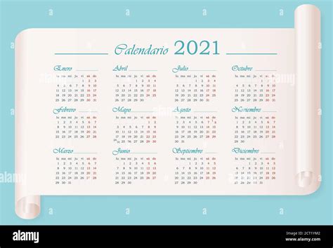 Calendario Mural 2021 Plantilla En Español Sobre Pergamino 12 Meses