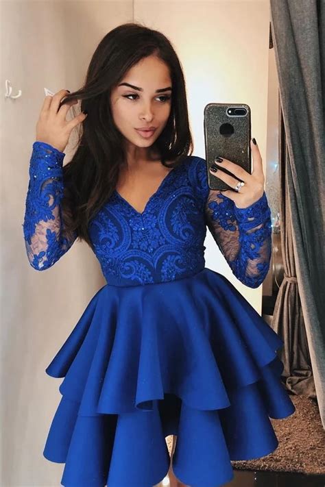 vintage long sleeve navy blue v neck knee length homecoming dresses with lace on sale