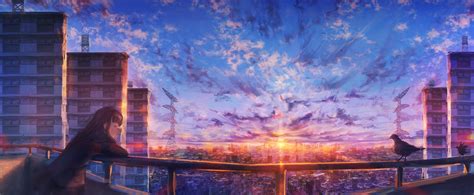 Wallpaper Id 122208 Moescape Sunset Sky Anime Girls Anime Birds