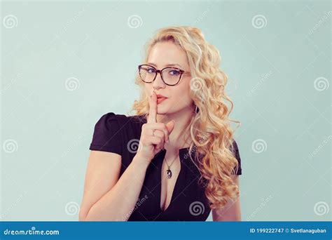 Hush Woman Asking For Silence Finger On Lips Shh Hand Gesture Stock