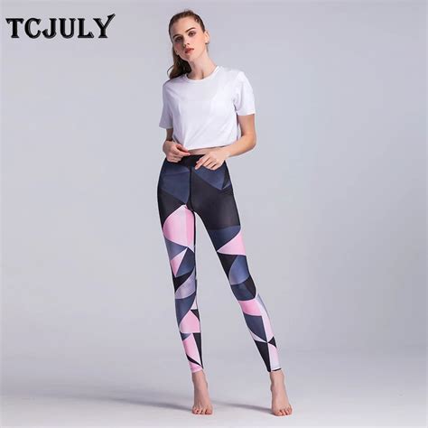 Tcjuly Geometric Patterns Printing High Waist Leggings Knitted Casual Ankle Length Pants