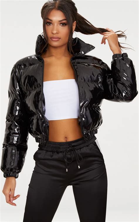 Black Cropped Vinyl Puffer Jacket Shop The Range Of Coats And Jackets