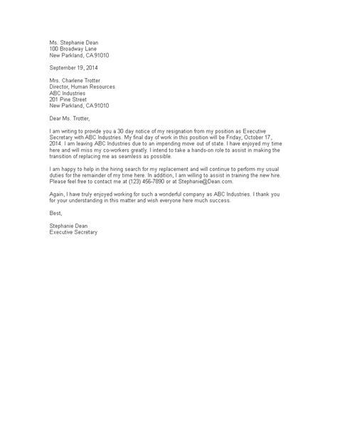 Here is a sample resignation letter that can be used by an employee during resignation letter. 30 Day Resignation Letter Template - Sample Resignation Letter