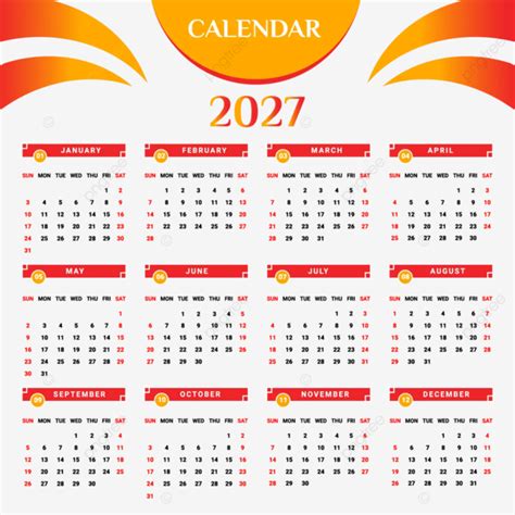 2027 Calendar With Red And Yellow Vector Calendar 2027 Calendar