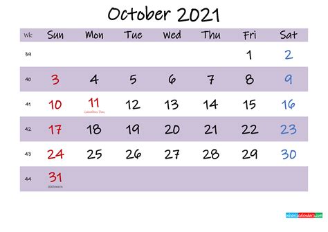 October 2021 Calendar With Holidays Printable Template K21m538