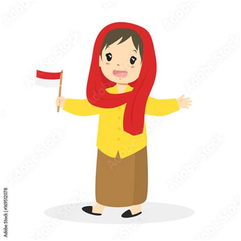 Jakarta Betawi Girl Wearing Traditional Dress And Holding Indonesian