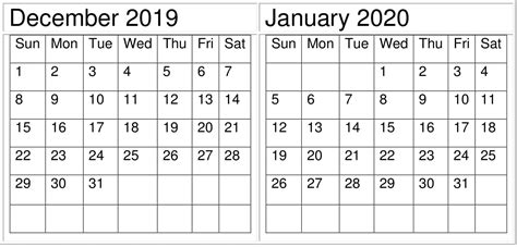 December January 2020 Calendar Excel Word Printable Latest Printable