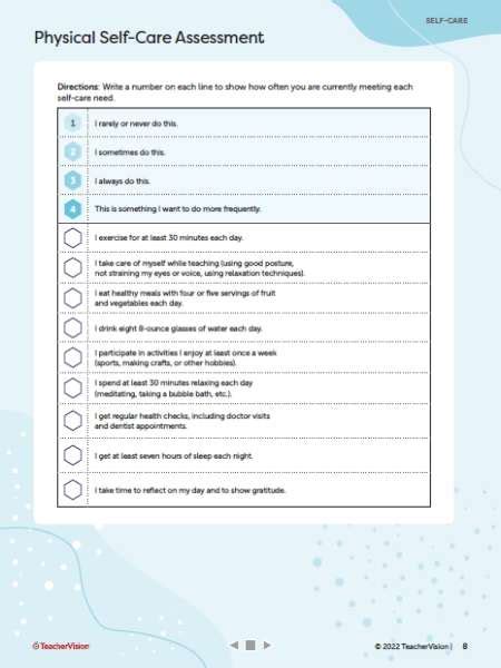Self Care Assessment Worksheet Printable Instant Down