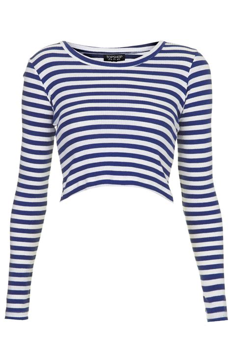 Topshop Womens Long Sleeve Stripe Ribbed Crop Top Blue In Blue Lyst