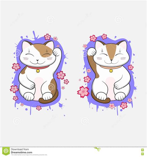 Kawaii Maneki Neko Lucky Cats Set Of Two With Blooming Sakura Flowers