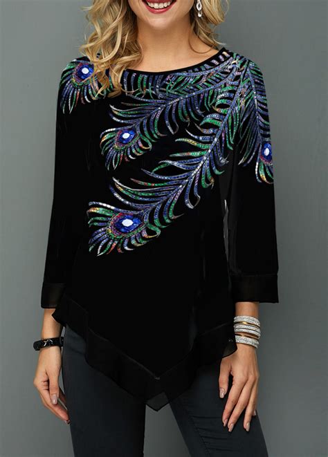 Asymmetric Hem Peacock Feather Print T Shirt Trendy Tops For Women