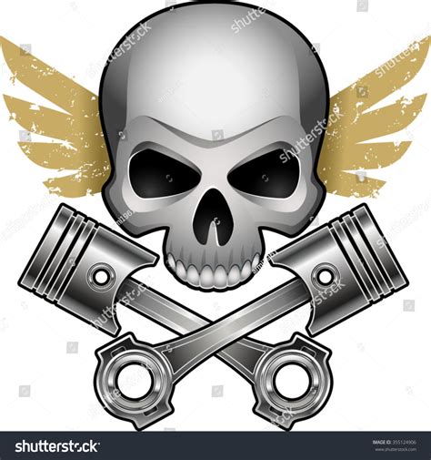 Motor Skull With Crossed Engine Pistons And Wings Stock Vector